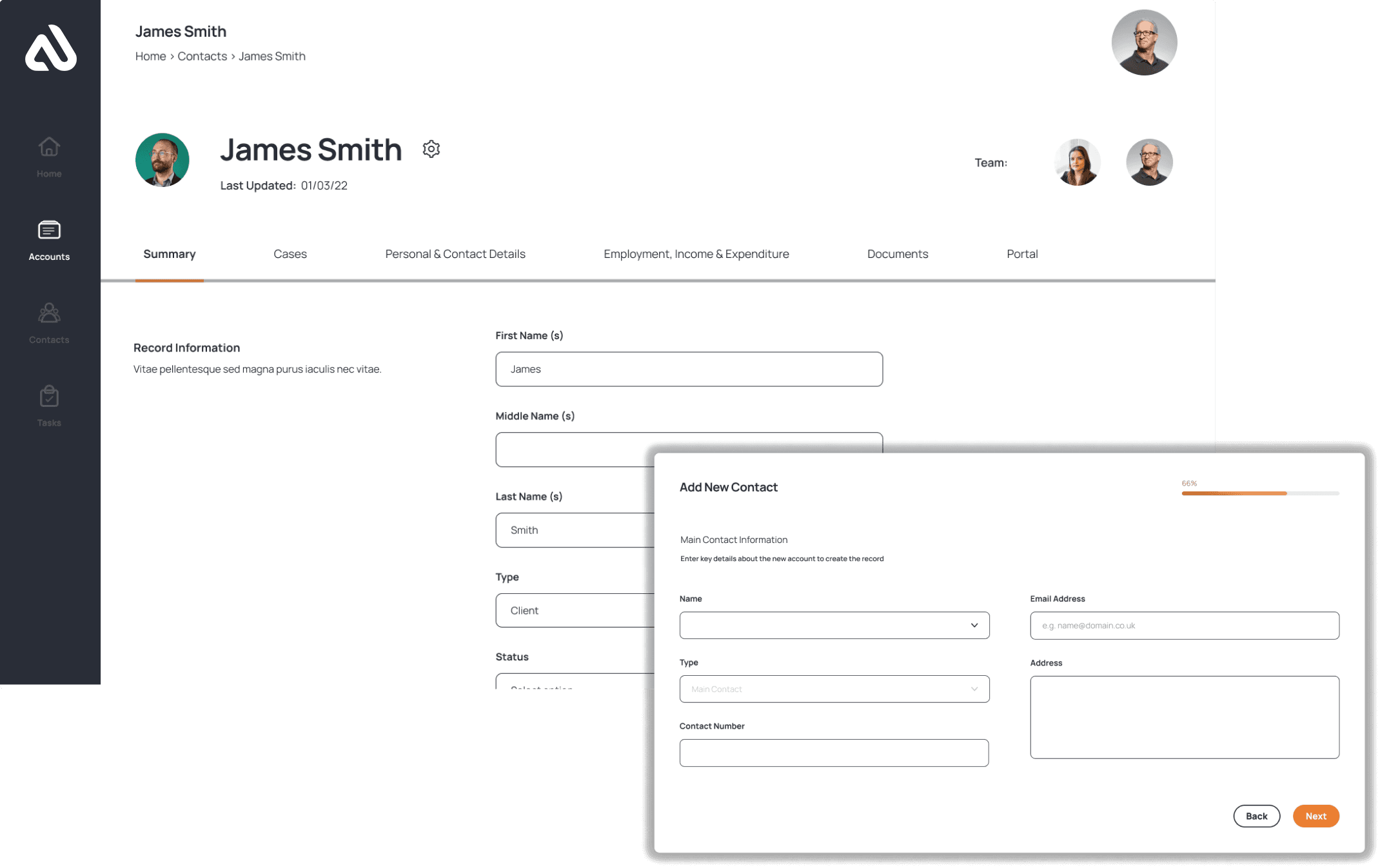 A digital mockup of the ningi dashboard with a client profile displayed.