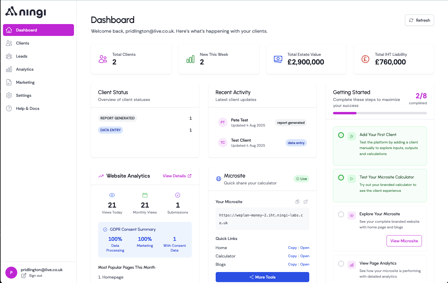 Admin dashboard showing client management and analytics